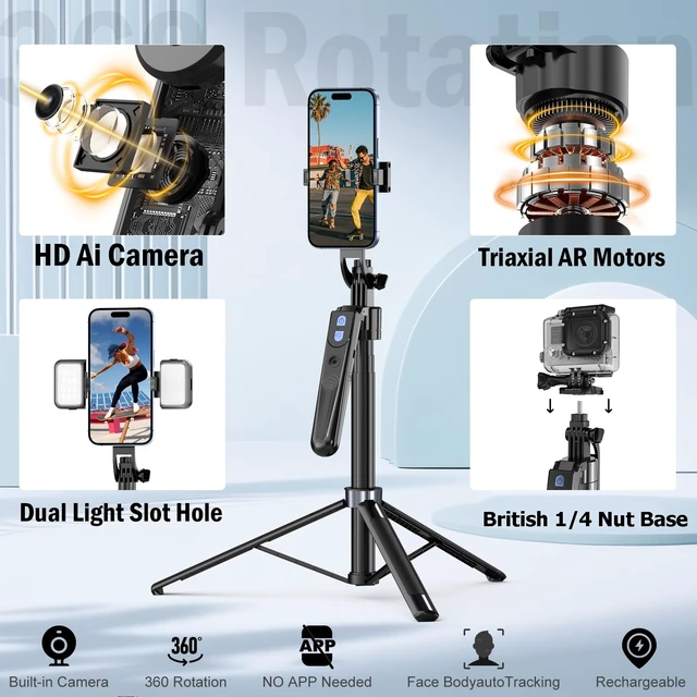Alt view image 9 of 12 - Auto Face Tracking Tripod 360 Rotation with Stand,Android and iPhone Tripod Holder with Remote and Gesture Control, No App,Built-in Tracking Camera Selfie Stick for Vlog Video Recording Tiktok