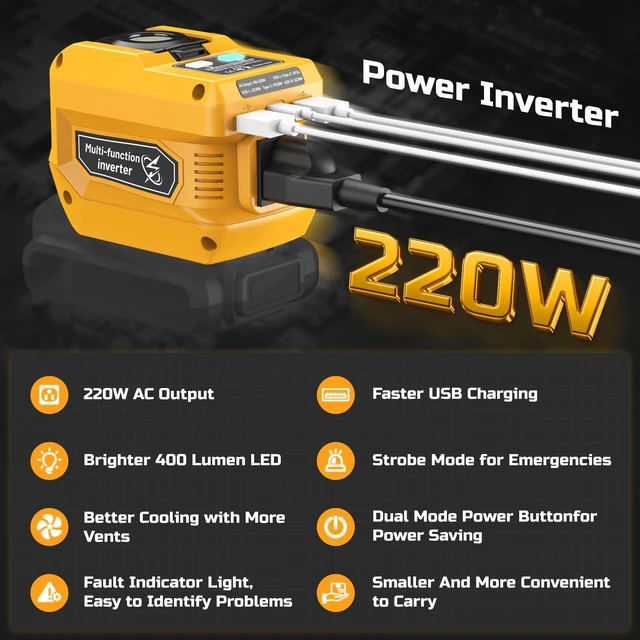 Alt view image 10 of 14 - 220W Power Inverter Compatible with Dewalt 20V Battery, DC 20V to AC 110V Inverter, Portable Power Station Generator with 1 AC Outlet, 2 USB Ports & 1 Type-C Fast Charging, 400LM LED Work Light