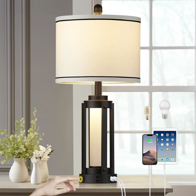 Alt view image 8 of 14 - 26" Modern Table Lamp with USB A+C Charging Ports & AC Outlet, Industrial Beside Contemporary Lamp Glass LED Night Light for Living Room Bedroom Nightstand End Table Single Black(2 Bulbs Included)