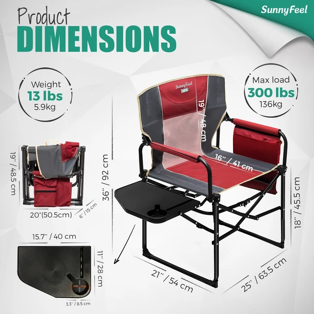 Alt view image 11 of 14 - Oversized Camping Chair Portable Directors Chairs with Side Table | Heavy Duty Folding Lawn Chair for Adults 300LBS with Compact Size, Breathable Mesh, Pocket & Carry Bag for Outdoor, Lawn, RV
