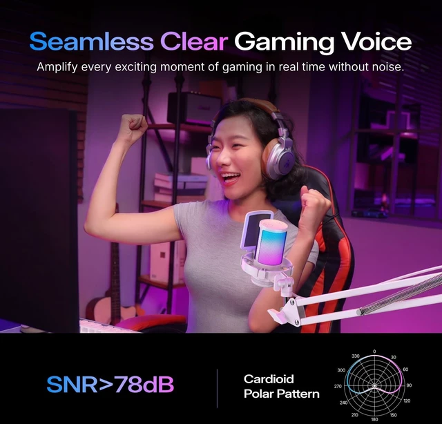 Alt view image 11 of 14 - DGM20S USB Microphone for PC with Clear Voice & Noise Reduction | RGB Lighting, Tap-to-Mute, Gain Control, Monitoring and Boom Arm for Discord Gaming, Streaming, Content Creation.White