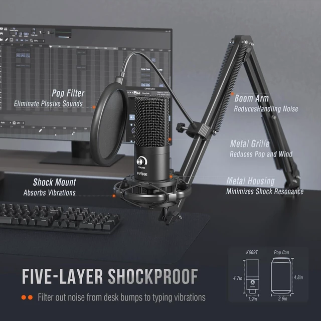 Alt view image 13 of 14 - T669 Studio Condenser USB Microphone for Recording Podcasting | Computer Microphone Kit for Voice Overs, Adjustable Boom Arm Stand, Shock Mount for Vocal, Instruments, Gaming, Streaming