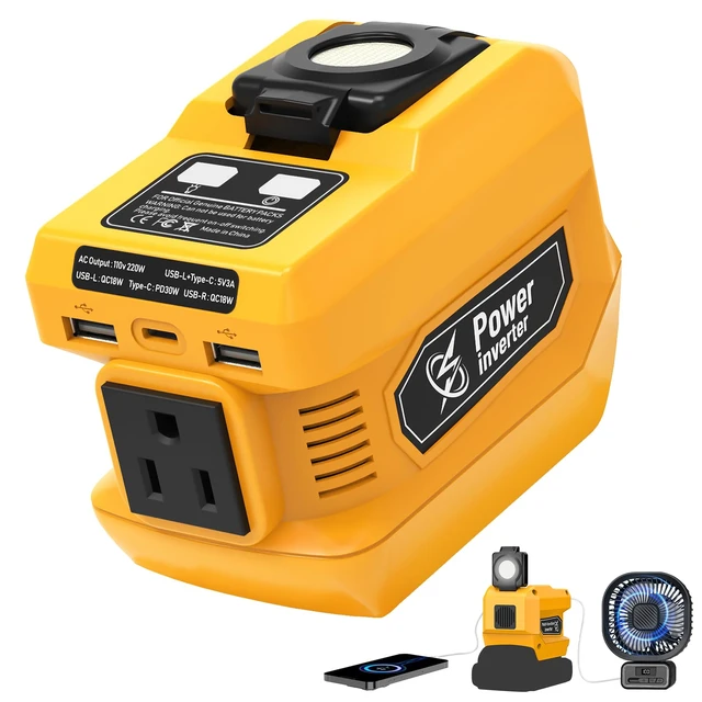 Alt view image 8 of 14 - 220W Power Inverter Compatible with Dewalt 20V Battery | DC 20V to AC 110V-120V Portable Power Generator, Inverter with 2 USB Ports &1 Type-C &1 AC Outlet, 400 Lumen LED Light