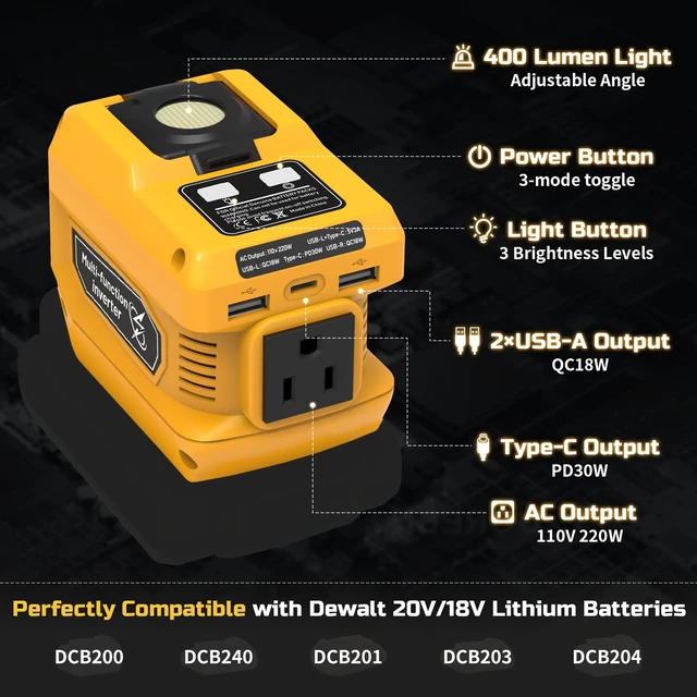 Alt view image 9 of 14 - 220W Power Inverter Compatible with Dewalt 20V Battery | DC 20V to AC 110V-120V Portable Power Generator, Inverter with 2 USB Ports &1 Type-C &1 AC Outlet, 400 Lumen LED Light