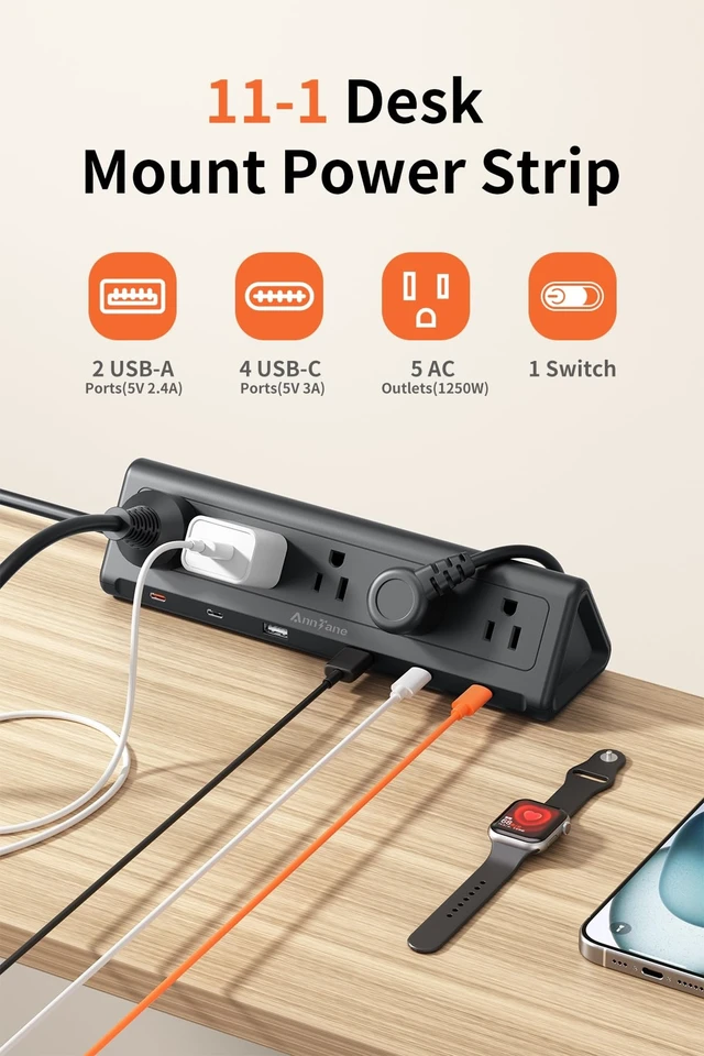 Alt view image 10 of 14 - Desk Clamp Power Strip USBC, 40W Fast Charging, 6.5 Ft, Black | Detachable Clamp,5 AC & 6 USB(4C,2A),Flat Plug Extension Cord,Desk Organizer for Home,Office,Dorm,Fits 0.5-2.1" Tabletop Edge