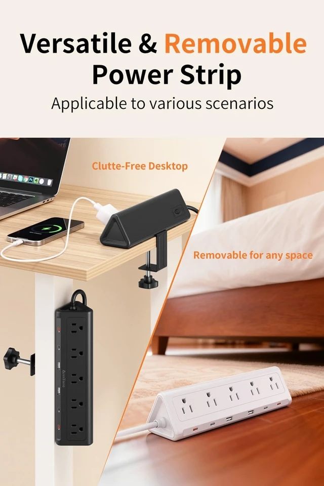 Alt view image 11 of 14 - Desk Clamp Power Strip USBC, 40W Fast Charging, 6.5 Ft, Black | Detachable Clamp,5 AC & 6 USB(4C,2A),Flat Plug Extension Cord,Desk Organizer for Home,Office,Dorm,Fits 0.5-2.1" Tabletop Edge