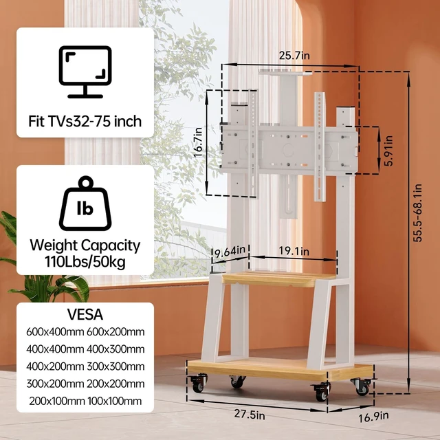 Alt view image 9 of 14 - Mobile TV Stand on Wheels for 32-75 Inch TVs | With Top Projector tray& 2-Tier Storage Height Adjustable Heavy-Duty Holds up to 180lbs,Max VESA 600 * 400mm
