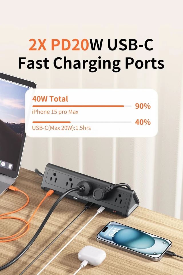 Alt view image 13 of 14 - Desk Clamp Power Strip USBC, 40W Fast Charging, 6.5 Ft, Black | Detachable Clamp,5 AC & 6 USB(4C,2A),Flat Plug Extension Cord,Desk Organizer for Home,Office,Dorm,Fits 0.5-2.1" Tabletop Edge