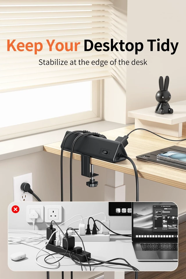 Alt view image 12 of 14 - Desk Clamp Power Strip USBC, 40W Fast Charging, 6.5 Ft, Black | Detachable Clamp,5 AC & 6 USB(4C,2A),Flat Plug Extension Cord,Desk Organizer for Home,Office,Dorm,Fits 0.5-2.1" Tabletop Edge