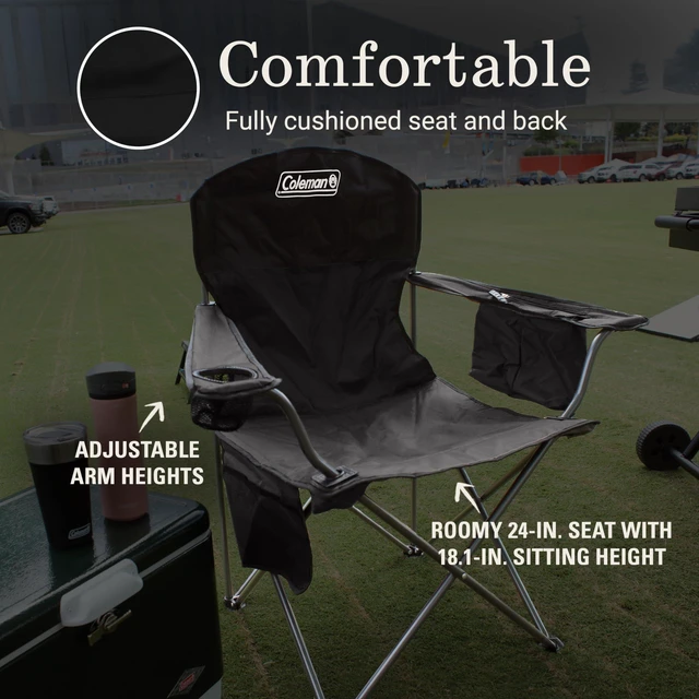 Alt view image 12 of 14 - Portable Camping Chair with 4-Can Cooler, Cushioned Seat & Back with Side Pockets & Cup Holder, Carry Bag Included, Great for Camping, Tailgating, Firepits, Patio, & More