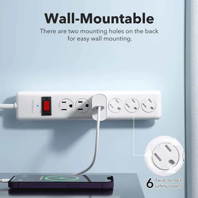 Alt view image 9 of 14 - 6-Outlet Power Strip Surge Protector 1-Pack, 4-Foot Extension Cord, 600 Joules, Twist-to-Close Safety Covers, 90 Degree Flat Plug, Overload Protection, White