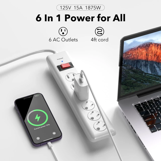 Alt view image 11 of 14 - 6-Outlet Power Strip Surge Protector 1-Pack, 4-Foot Extension Cord, 600 Joules, Twist-to-Close Safety Covers, 90 Degree Flat Plug, Overload Protection, White