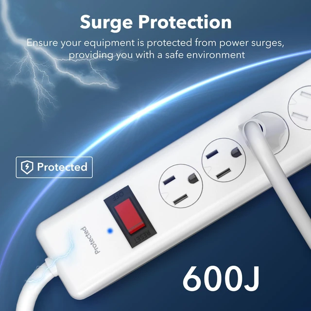 Alt view image 12 of 14 - 6-Outlet Power Strip Surge Protector 1-Pack, 4-Foot Extension Cord, 600 Joules, Twist-to-Close Safety Covers, 90 Degree Flat Plug, Overload Protection, White