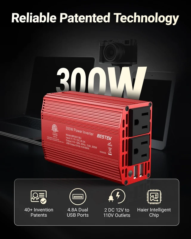 Alt view image 9 of 14 - Power Inverter DC 12-17V to AC 110V - 300W Car Plug Adapter Outlet | 4.8A Dual USB Fast Charging Port, Vehicle Charger Cigarette Lighter Adapter for Phone, Laptop on Road Trip - Aluminum Housing