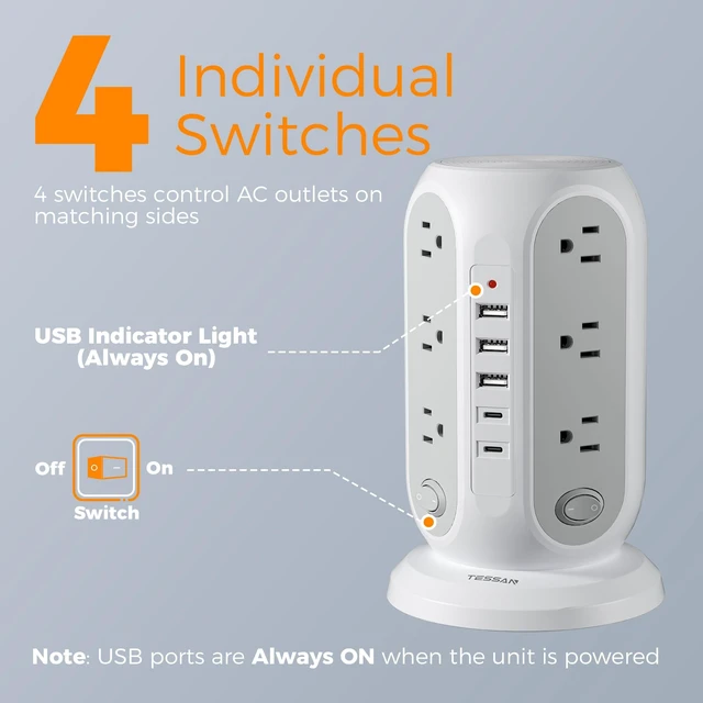 Alt view image 9 of 14 - Tower Power Strip Surge Protector, Flat Extension Cord 6 Ft, Grey | Individual Switches with 12 Outlets, 5 USB Ports(2 USB C), Flat Plug, Charging Station for Multiple Devices, Office, Dorm