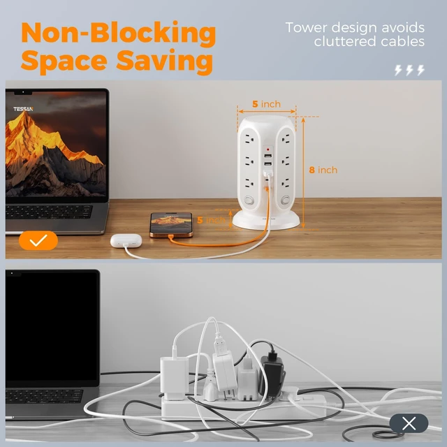 Alt view image 10 of 14 - Tower Power Strip Surge Protector, Flat Extension Cord 6 Ft, Grey | Individual Switches with 12 Outlets, 5 USB Ports(2 USB C), Flat Plug, Charging Station for Multiple Devices, Office, Dorm