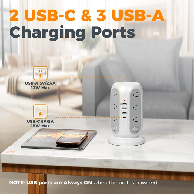 Alt view image 11 of 14 - Tower Power Strip Surge Protector, Flat Extension Cord 6 Ft, Grey | Individual Switches with 12 Outlets, 5 USB Ports(2 USB C), Flat Plug, Charging Station for Multiple Devices, Office, Dorm