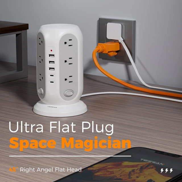 Alt view image 14 of 14 - Tower Power Strip Surge Protector, Flat Extension Cord 6 Ft, Grey | Individual Switches with 12 Outlets, 5 USB Ports(2 USB C), Flat Plug, Charging Station for Multiple Devices, Office, Dorm