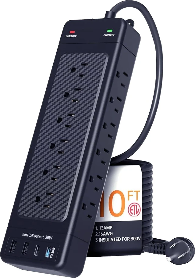 Alt view image 8 of 14 - Surge Protector Power Strip 10ft Cord/High Joules Surge Protection (4800J) /Heavy Duty/Multiple outlets/Mountable/ 18AC/15A/USB A+C(PD20W),Flat Plug, Commercial,Industrial,Office,Home,Black