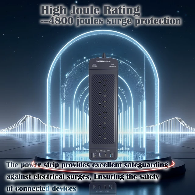 Alt view image 12 of 14 - Surge Protector Power Strip 10ft Cord/High Joules Surge Protection (4800J) /Heavy Duty/Multiple outlets/Mountable/ 18AC/15A/USB A+C(PD20W),Flat Plug, Commercial,Industrial,Office,Home,Black