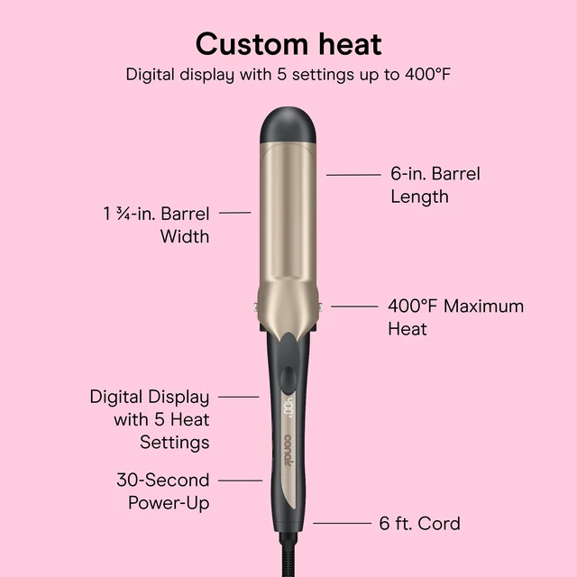 Alt view image 11 of 14 - Curling Iron, Adjustable Heat, 1.75" Ceramic Barrel | Clamp curling iron for loose curls and beach waves on medium to long hair, 30-second power up, 5 heat settings to 400°F