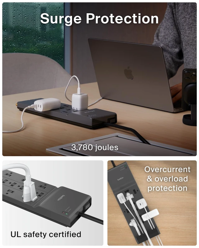 Alt view image 10 of 12 - 12-Outlet Surge Protector Power Strip w/ 12 AC Outlets & 8ft Flat Plug, UL-Listed Heavy-Duty Extension Cord for Home, Office, Travel, Computer, Laptop, Charger - 3,780 Joules of Protection