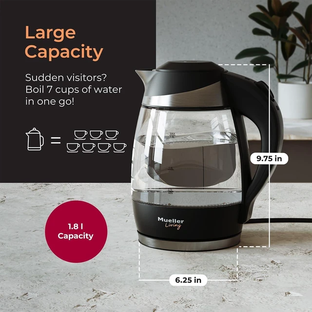Alt view image 9 of 14 - Living 1.8L Electric Kettle, Tea Kettle for Boiling Water | 1.8L | 1500W | LED | SpeedBoil | Automatic Shutoff | Cordless | Borosilicate Glass | BPA Free