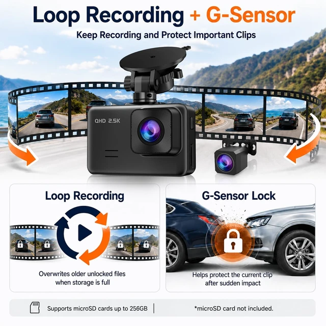 Alt view image 12 of 14 - Dash Cam Front and Rear, 2.5K+1080P Dual Camera for Cars, 2" IPS Screen | Mini Car Dash Cam, 170° Wide Angle, WDR Night Vision, G-Sensor, Loop Recording, 24H Parking, 256GB Max, SD Card Not Included