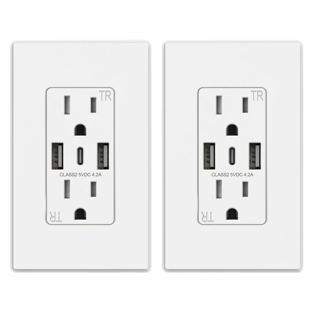 Alt view image 8 of 14 - USB C Wall Outlets with 3-Ports, 15 Amp Outlets with USB Ports, Tamper-Resistant USB Outlet, Wall Plate Included, Matte White, UL Listed, 2 Pack