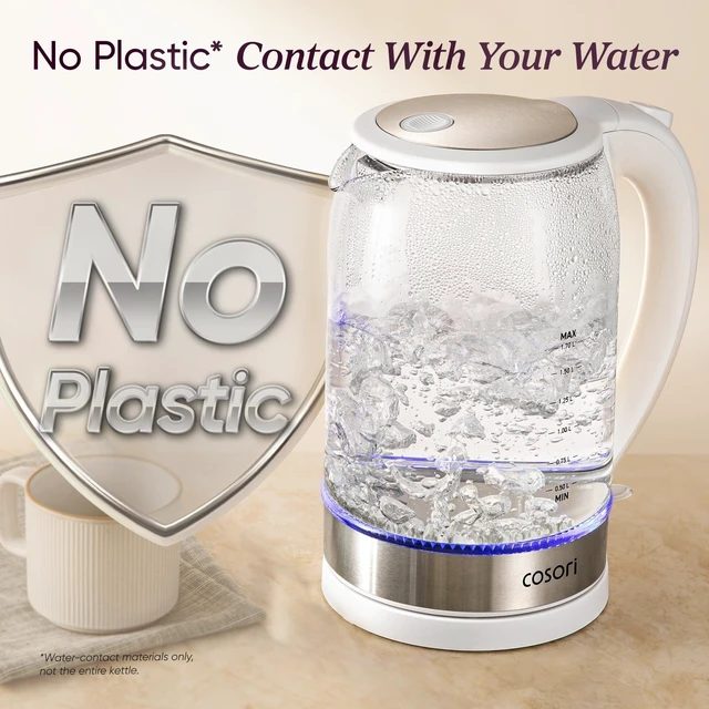 Alt view image 9 of 14 - Electric Kettle, No Plastic Contact with Water, 1.7L, White | Wide Opening, Easy to Clean, Auto Shut-Off, Boil-Dry Protection, Tea Kettle, Hot Water Boiler, Borosilicate Glass, 1500W
