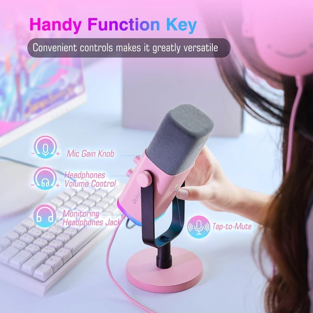 Alt view image 12 of 14 - AmpliGame AM8P XLR/USB Dynamic Microphone for Gaming Recording | PC Microphone with Controllable RGB, Headphones Jack, Mute Button, for Streaming Podcasting Voice-Over YouTube Video, Pink