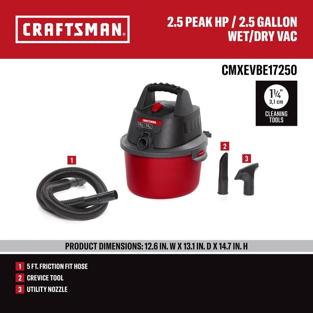 Alt view image 10 of 14 - CMXEVBE17250 2.5 Gallon 2.5 Peak HP Wet Dry Shop Vacuum | Portable Wet and Dry Vac with Filter Bag, Hose and Attachments for Cleaning in the Home