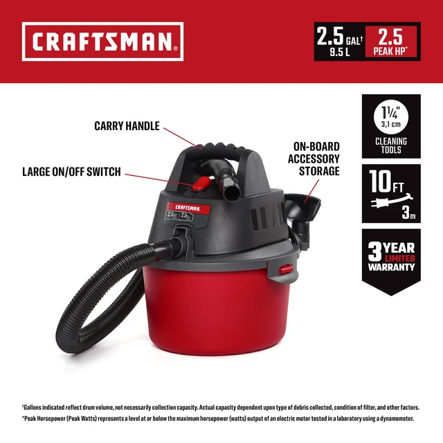 Alt view image 9 of 14 - CMXEVBE17250 2.5 Gallon 2.5 Peak HP Wet Dry Shop Vacuum | Portable Wet and Dry Vac with Filter Bag, Hose and Attachments for Cleaning in the Home