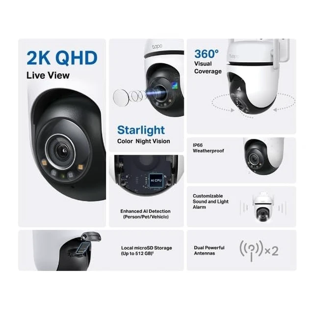 Alt view image 10 of 14 - 2K QHD Outdoor Pan/Tilt Wi-Fi Security Camera, 360° View, Motion Tracking, Color Night Vision, Free Person/Vehicle/Motion Detection, Cloud & SD Card Storage, 24/7 Recording, Tapo C520WS