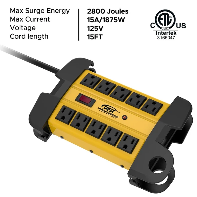Alt view image 9 of 14 - 10-Outlet Heavy Duty Power Strip Metal Surge Protector, 15A, 15FT Cord | 2800 Joules Surge Protection, ETL Listed, Extension Cord Power Strip for Garden, Kitchen, Office, School
