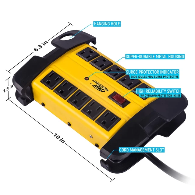 Alt view image 10 of 14 - 10-Outlet Heavy Duty Power Strip Metal Surge Protector, 15A, 15FT Cord | 2800 Joules Surge Protection, ETL Listed, Extension Cord Power Strip for Garden, Kitchen, Office, School