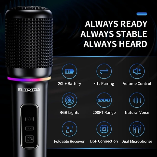 Alt view image 9 of 14 - Dual Handheld Wireless Rechargeable RGB Lights Microphone System | For Karaoke Machine & Speaker,2.4GHz Wireless Mic,On-Mic Volume Control,Foldable Receiver,200FT Range,20H+ Battery
