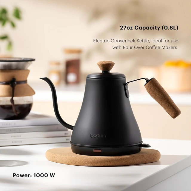 Alt view image 9 of 14 - 27oz Bistro Gooseneck Electric Water Kettle, Pour Over Coffee & Tea, Stainless Steel, Matte Black