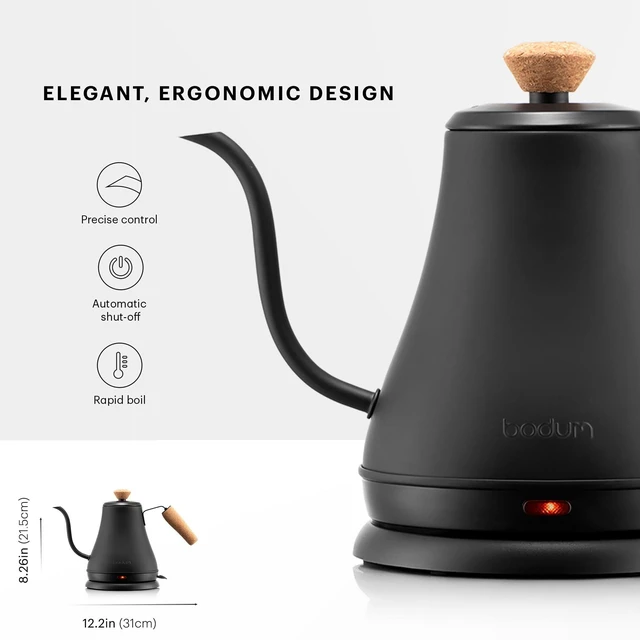 Alt view image 10 of 14 - 27oz Bistro Gooseneck Electric Water Kettle, Pour Over Coffee & Tea, Stainless Steel, Matte Black