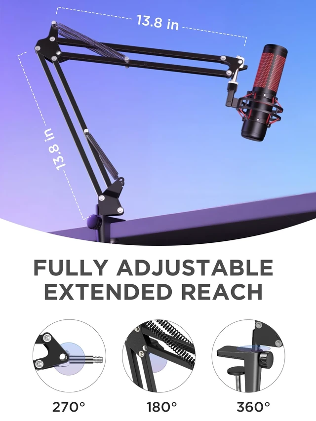 Alt view image 10 of 14 - Boom Arm Microphone Mic Stand for Blue Yeti Fifine HyperX, Black | Desk Mount, Desktop Stands, Adjustable Reach, Rotate Fully, Folds Away Compactly, for Gaming, Streaming or Recording
