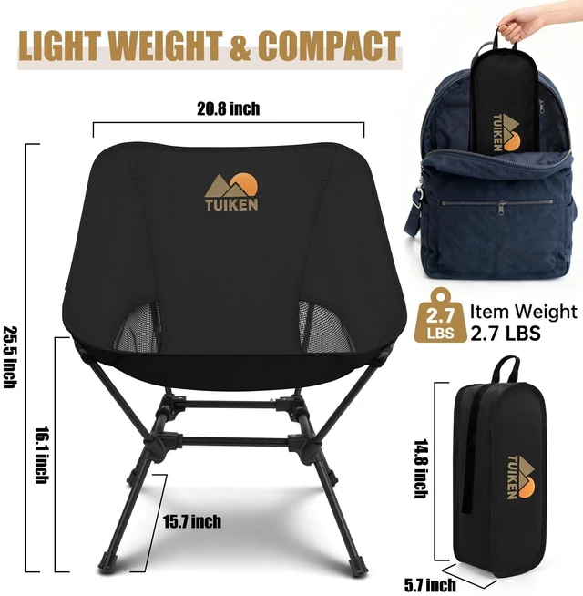Alt view image 9 of 14 - Ultralight Camping Chair Backpacking Chair, Portable Camp Chair with Cup Holder & Storage Bag, Lightweight Compact Folding Chair for Hiking, Travel, Picnic MountaineeringDeep Black