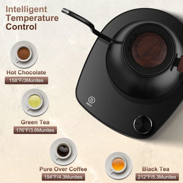 Alt view image 9 of 14 - Gooseneck Electric Kettle, Intelligent Temperature Control, Stainless Steel Inner, Quick Heating, for Pour Over Coffee, Brew Tea, Boil Hot Water, 1000W 0.9L Black