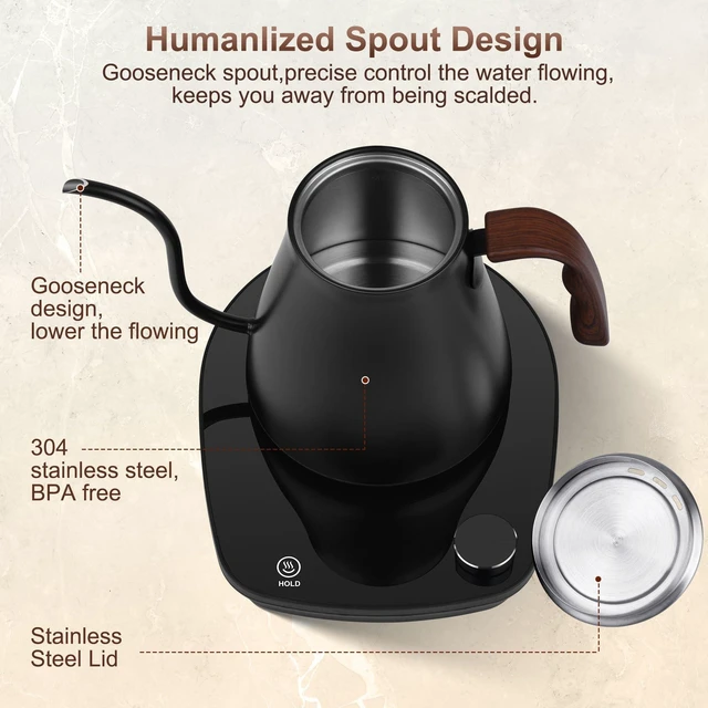 Alt view image 10 of 14 - Gooseneck Electric Kettle, Intelligent Temperature Control, Stainless Steel Inner, Quick Heating, for Pour Over Coffee, Brew Tea, Boil Hot Water, 1000W 0.9L Black