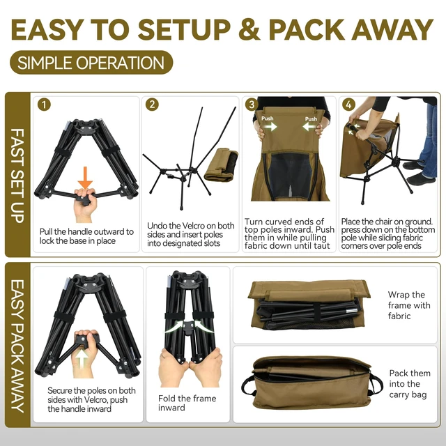 Alt view image 12 of 14 - Lightweight Folding High Back Camping Chair with Head Support, Stable Portable Compact for Outdoor Camp, Travel, Beach, Picnic, Festival, Hiking, Backpacking (Highback Khaki)