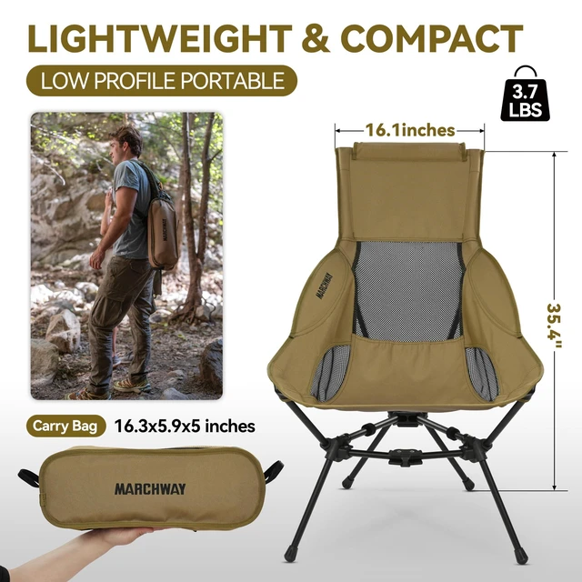Alt view image 11 of 14 - Lightweight Folding High Back Camping Chair with Head Support, Stable Portable Compact for Outdoor Camp, Travel, Beach, Picnic, Festival, Hiking, Backpacking (Highback Khaki)