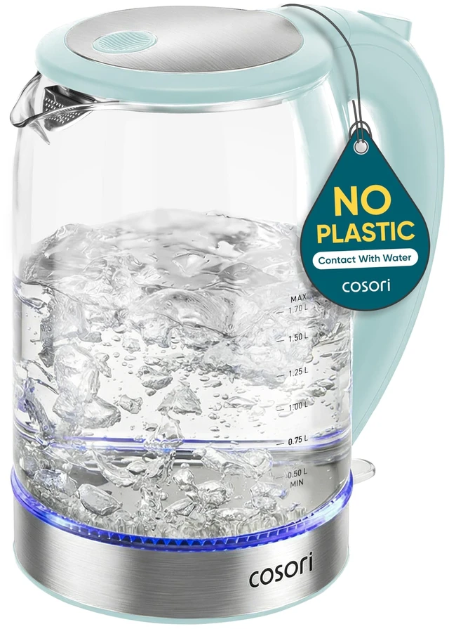 Alt view image 8 of 14 - Electric Kettle, No Plastic Contact with Water, 1.7L, Green | Wide Opening, Easy to Clean, Auto Shut-Off, Boil-Dry Protection, Tea Kettle, Hot Water Boiler, Borosilicate Glass, 1500W