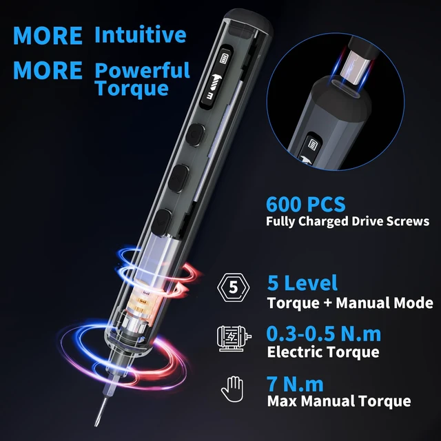 Alt view image 9 of 14 - Mini Electric Screwdriver, 70 in 1 Small Electric Screwdriver Set | 5 Upgraded Torque & Indicator, 64 S2 Preicison Bits, 4 LED Lights, Mini Power Screwdriver Repair Tool Kit for PC Electronic