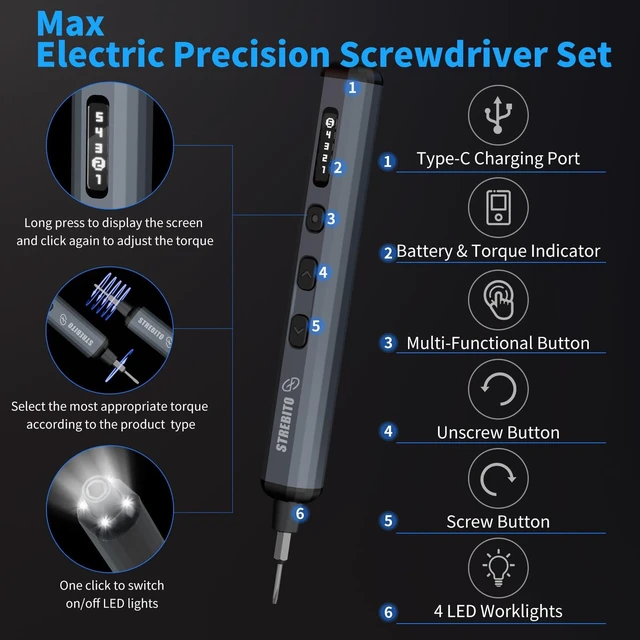 Alt view image 10 of 14 - Mini Electric Screwdriver, 70 in 1 Small Electric Screwdriver Set | 5 Upgraded Torque & Indicator, 64 S2 Preicison Bits, 4 LED Lights, Mini Power Screwdriver Repair Tool Kit for PC Electronic