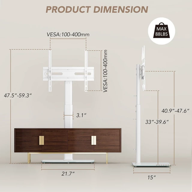 Alt view image 12 of 14 - Universal Floor TV Stand with Mount 70 Degree Swivel 9 Level Height Adjustable and Space Saving Design for Most 27 to 65 inch LCD, LED OLED TVs, Perfect for Corner & Bedroom White AX1006TW