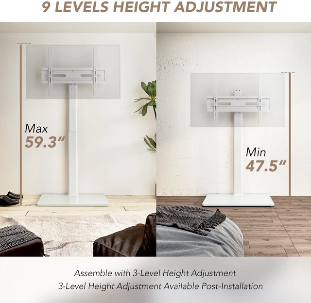 Alt view image 10 of 14 - Universal Floor TV Stand with Mount 70 Degree Swivel 9 Level Height Adjustable and Space Saving Design for Most 27 to 65 inch LCD, LED OLED TVs, Perfect for Corner & Bedroom White AX1006TW